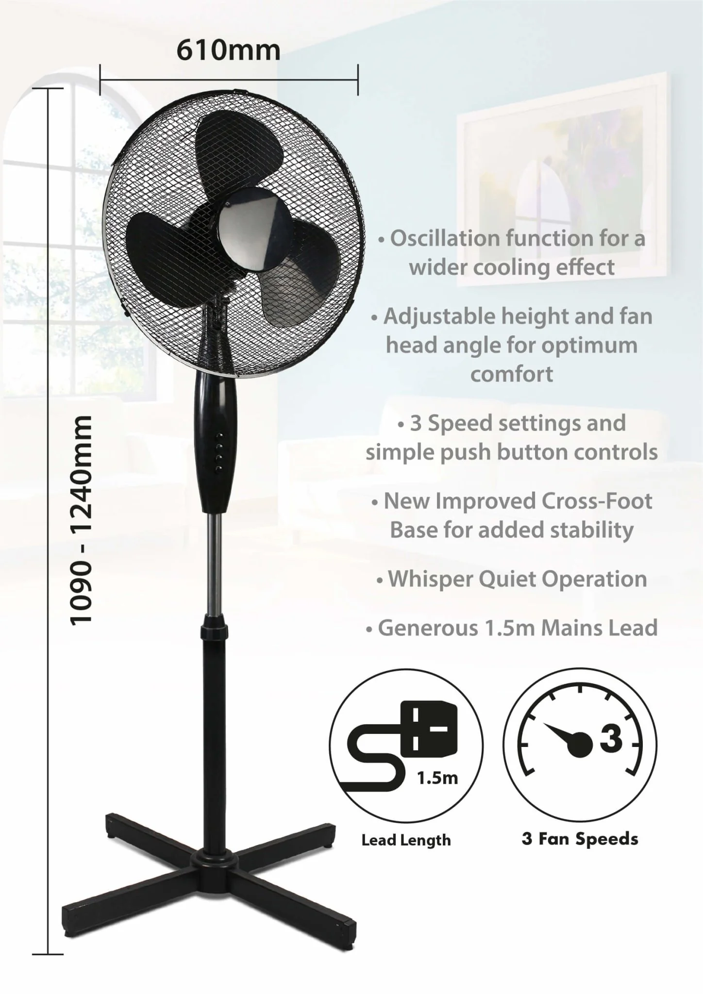 Prem-I-Air 40cm Oscillating Pedestal Fan with 3 Speed Settings - Image 4